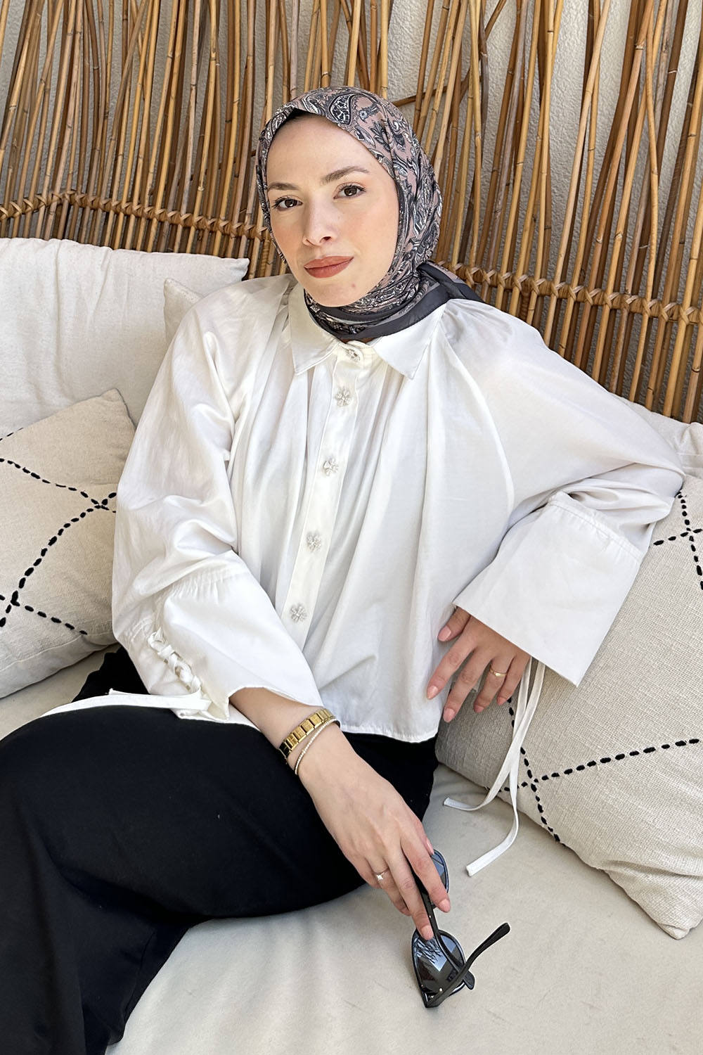 Lamelif Retro Desen Soft Eşarp Siyah Kahverengi