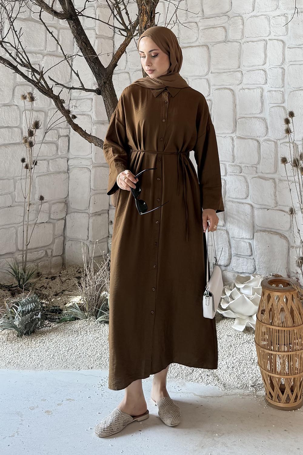Lamelif Pat Detaylı Elbise Kahve