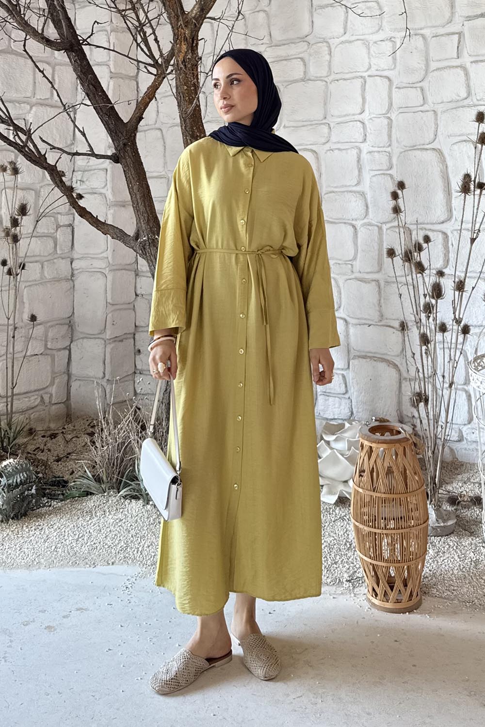 Lamelif Pat Detaylı Elbise Sarı