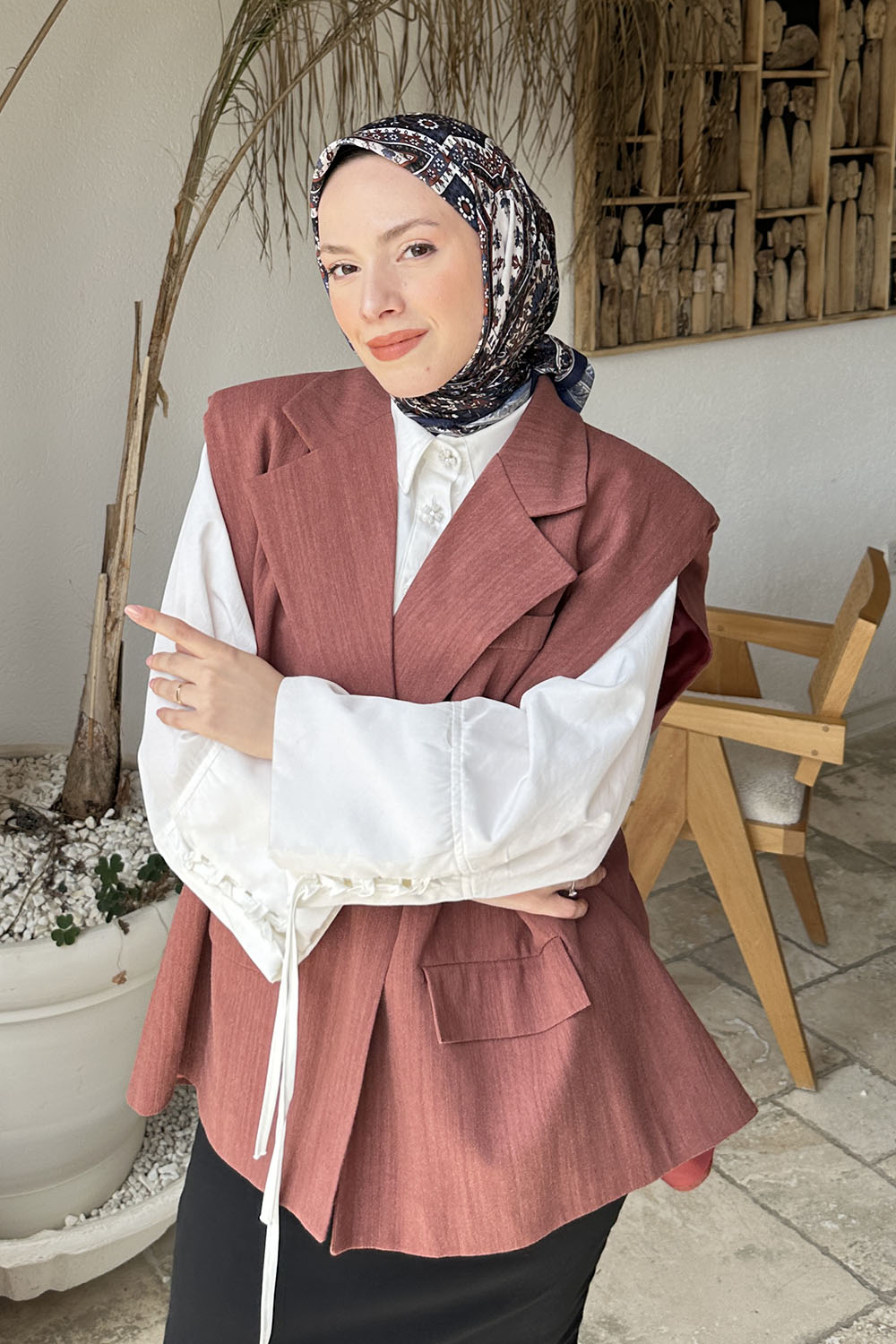 Lamelif Retro Desen Soft Eşarp Lacivert Kiremit