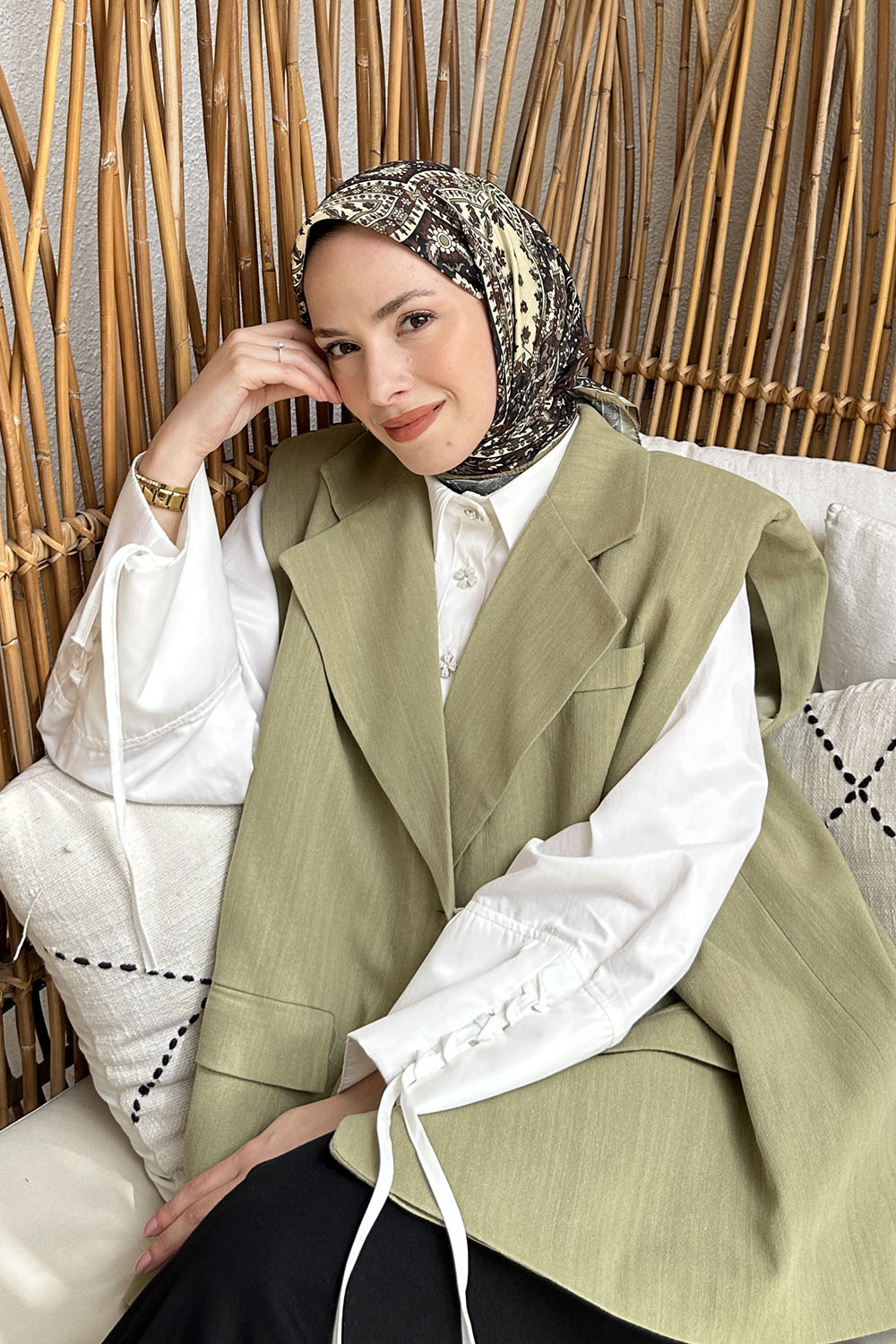 Lamelif Retro Desen Soft Eşarp Mint Yeşili