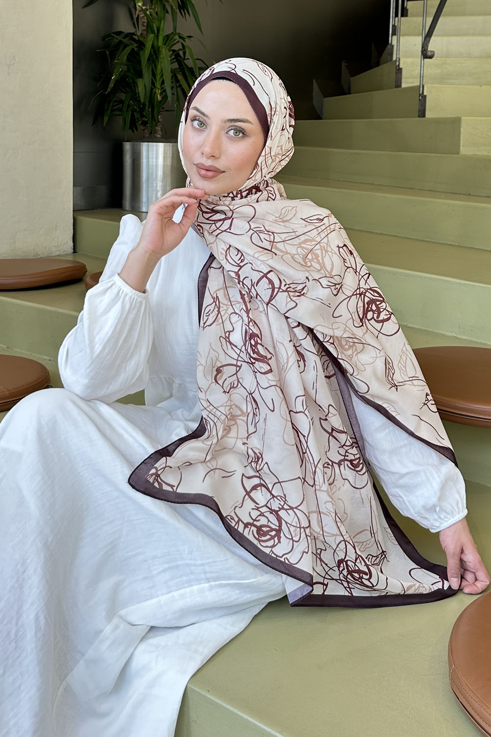 Lamelif Çicek Desen Soft Şal Bej