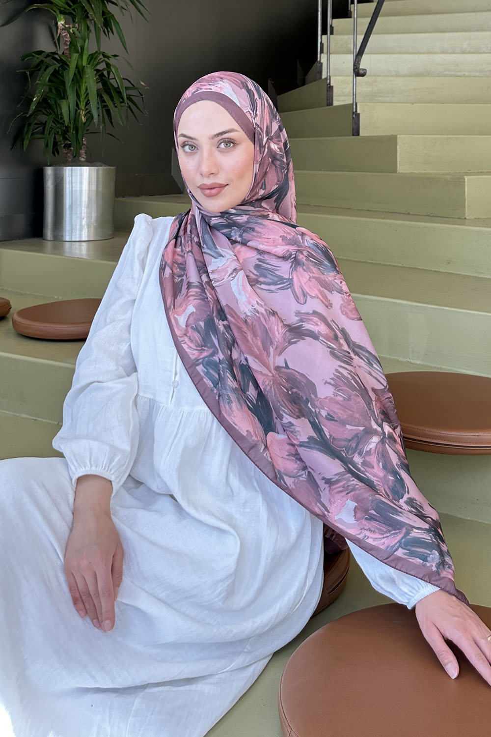 Lamelif Çicek Desen Soft Şal Gül Kurusu