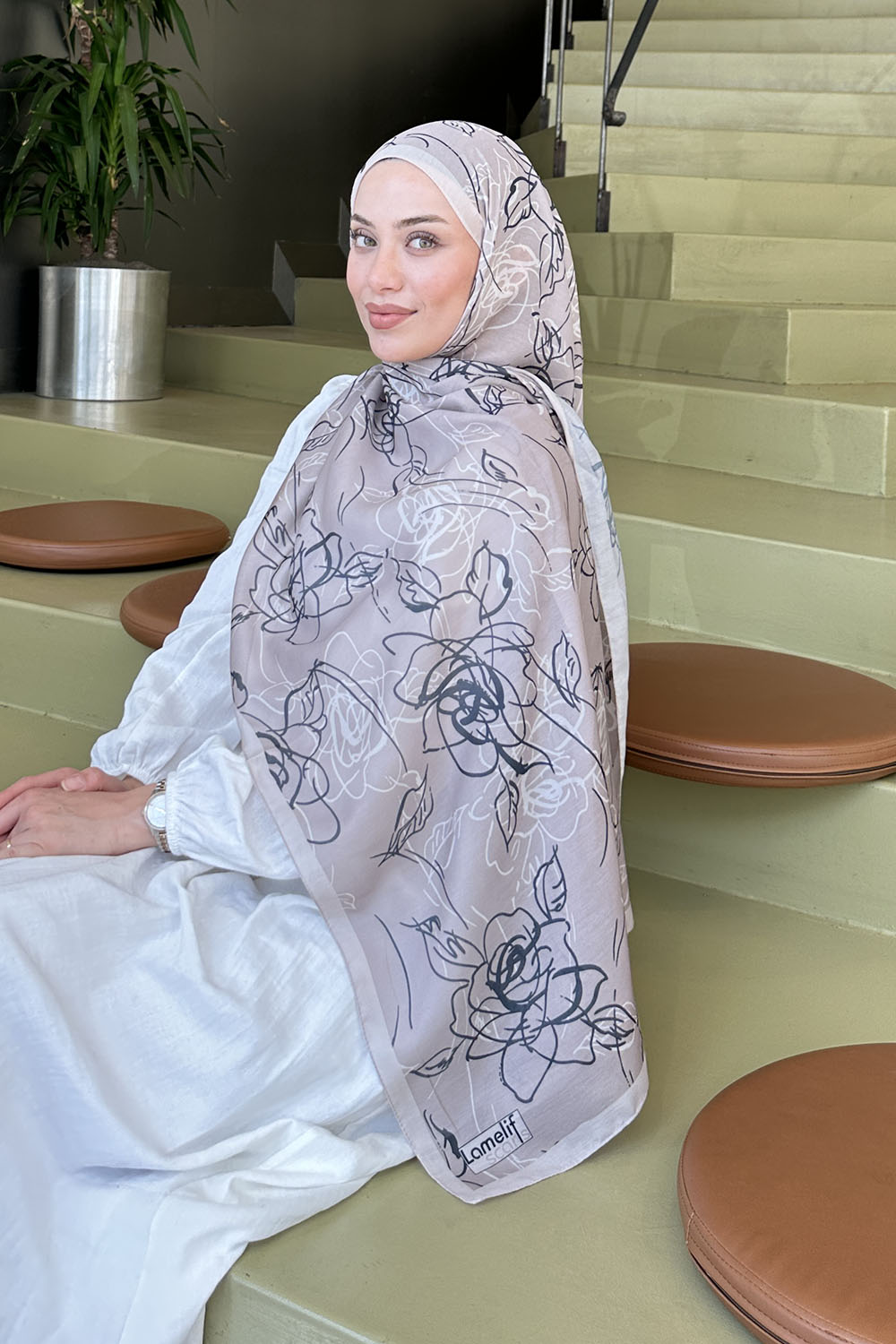 Mink Cotton Striped Flowering Printed Shawl