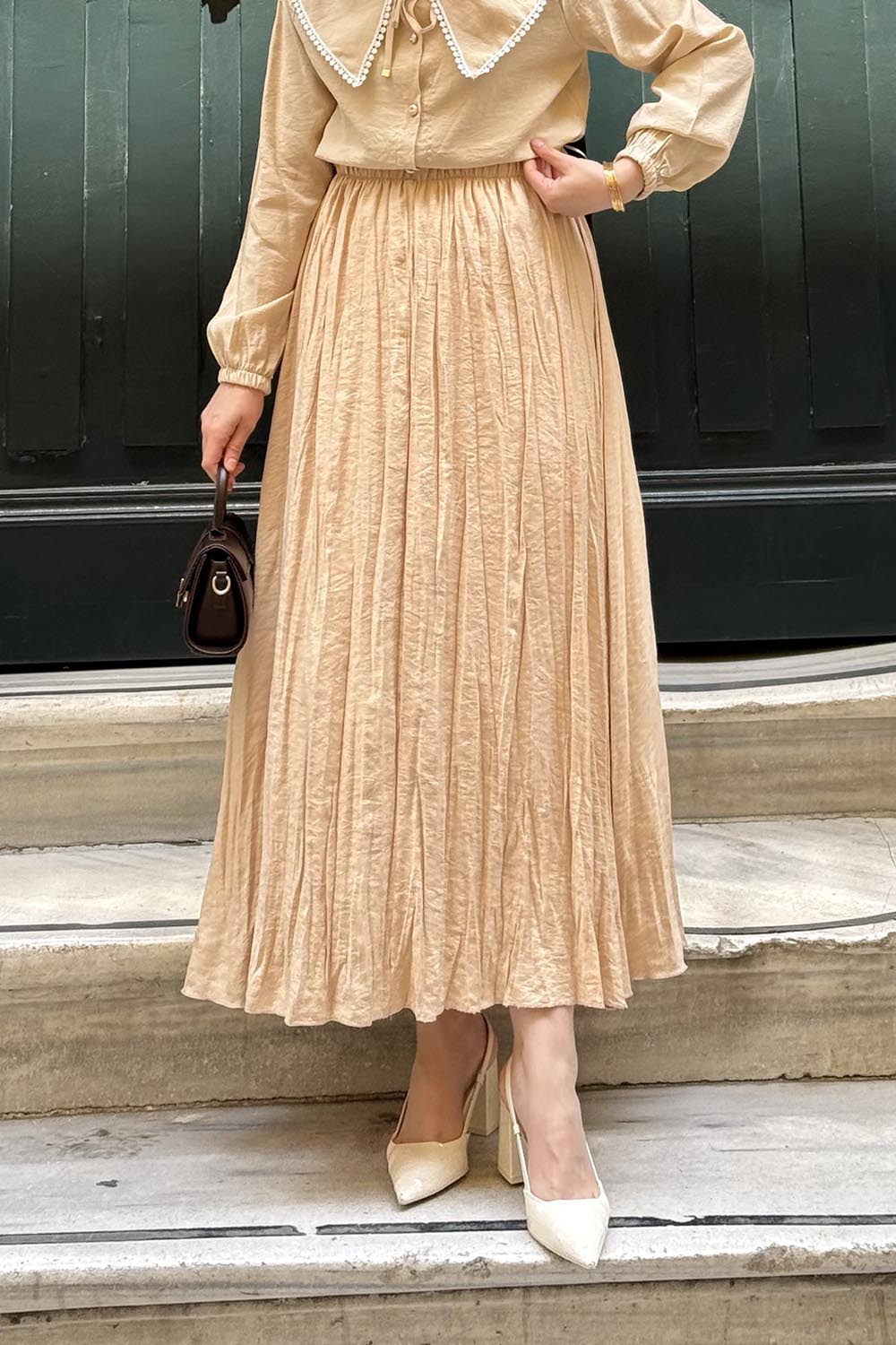 Lamelif Poplin Kraşlı Tesettür Etek Bej