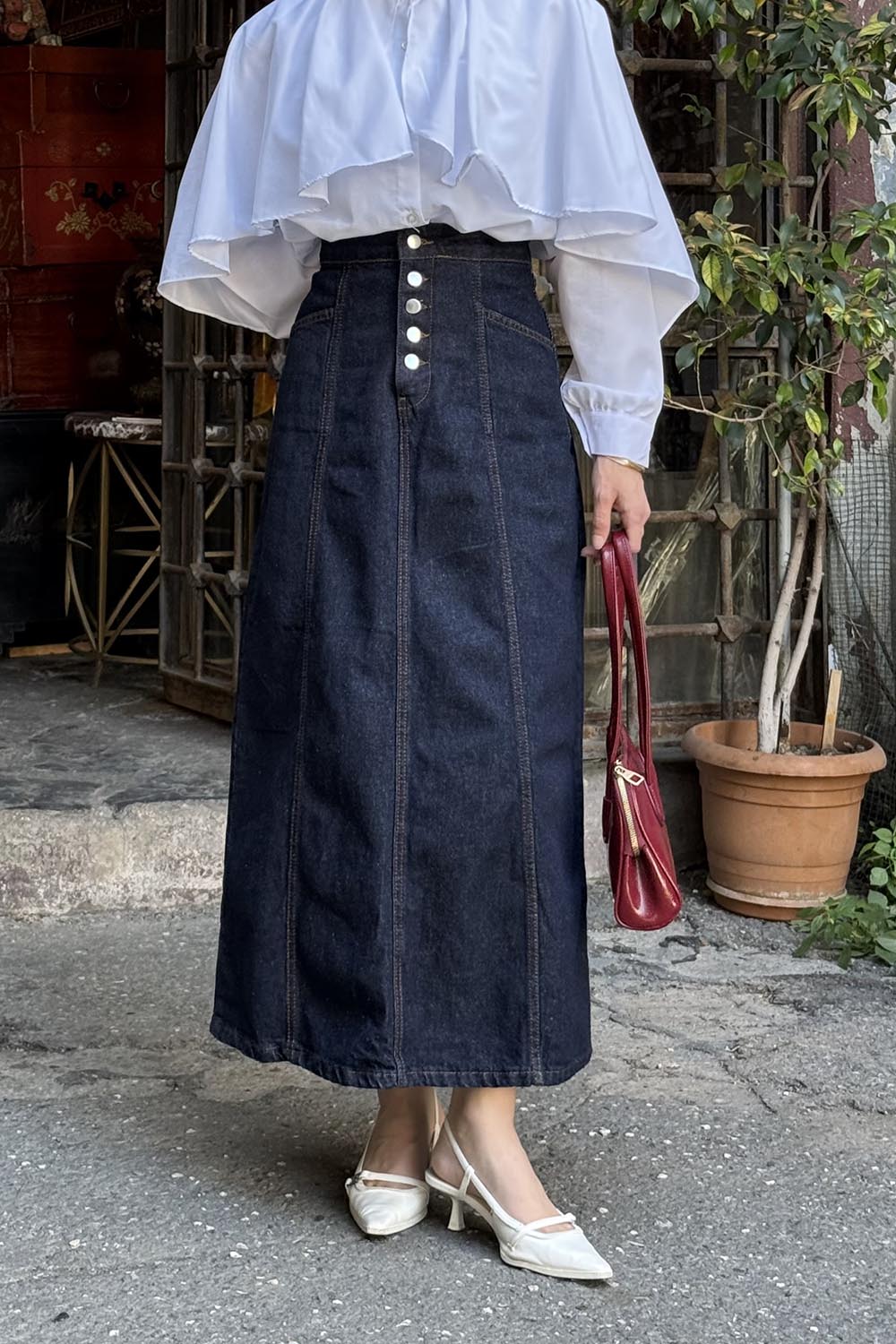 Lamelif Düğme Detaylı Kuplu Tesettür Kot Etek Kot Mavisi