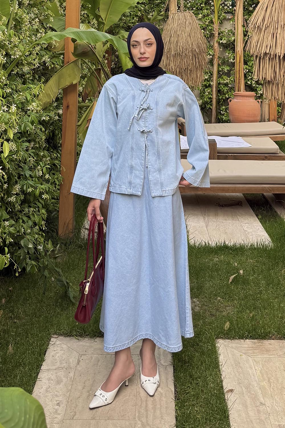 Lamelif Bağcık Detaylı Denim Takım Buz Mavisi