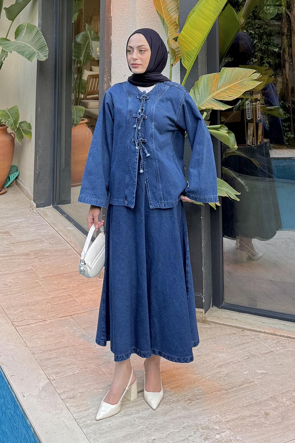 Lamelif Bağcık Detaylı Denim Takım Koyu Mavi