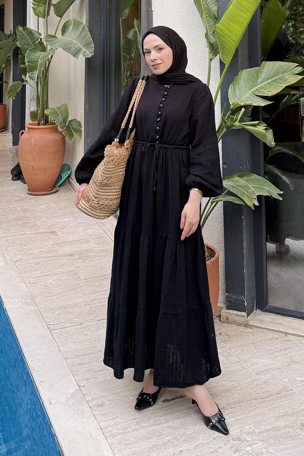 Lamelif Bel Büzgülü Tesettür Elbise Siyah