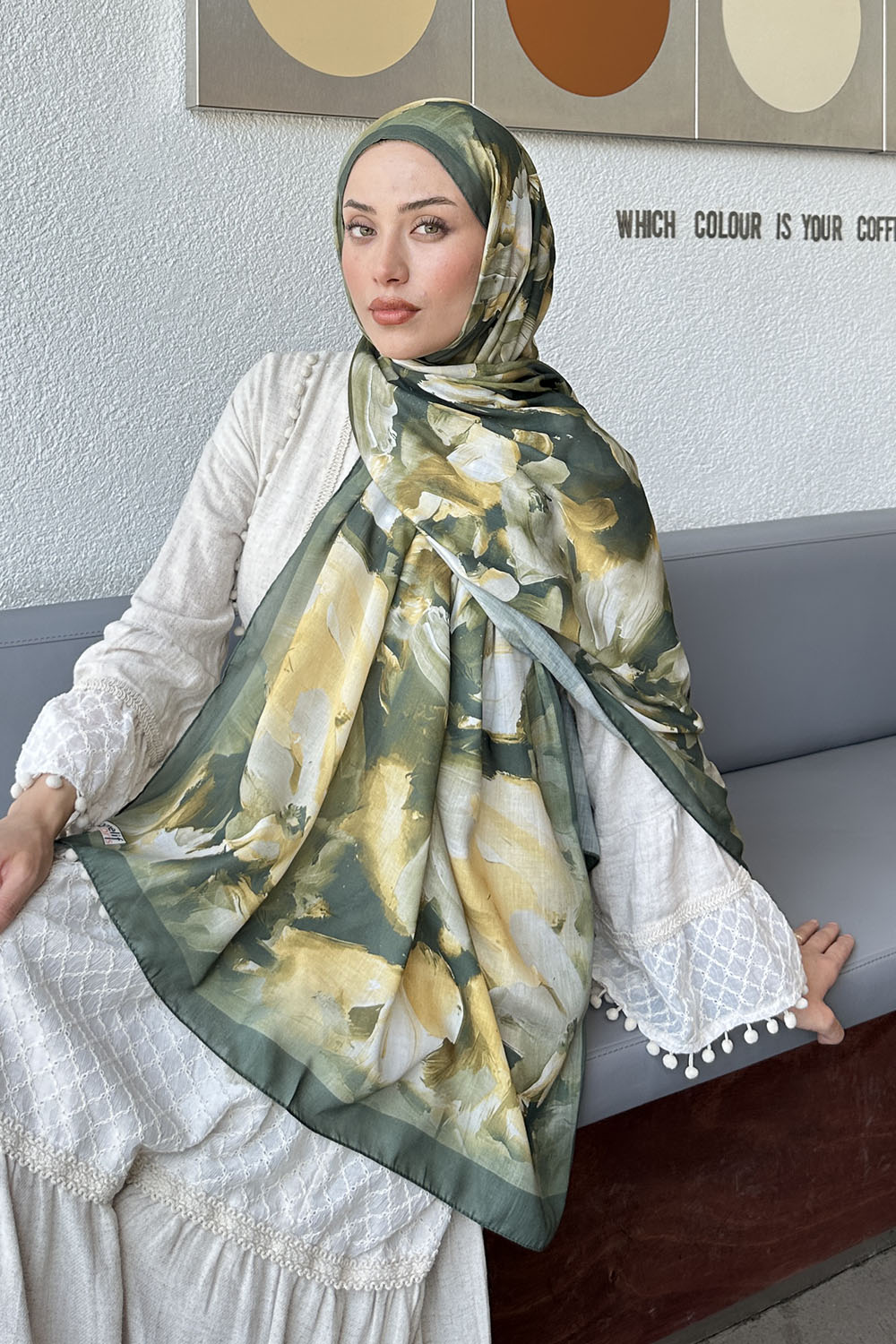 Lamelif Elegan Desen Soft Şal Haki