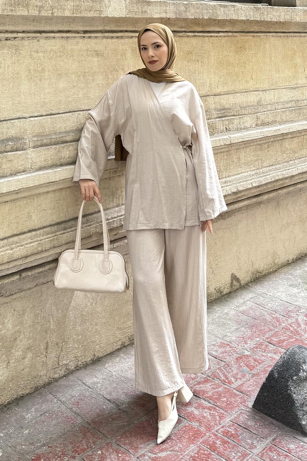 Lamelif Kimono-Pantolon Takım Taş Rengi