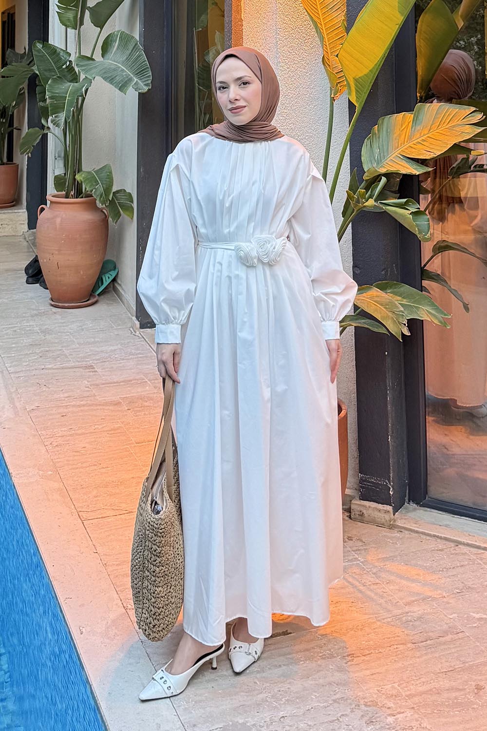 Lamelif Pileli Poplin Elbise Beyaz