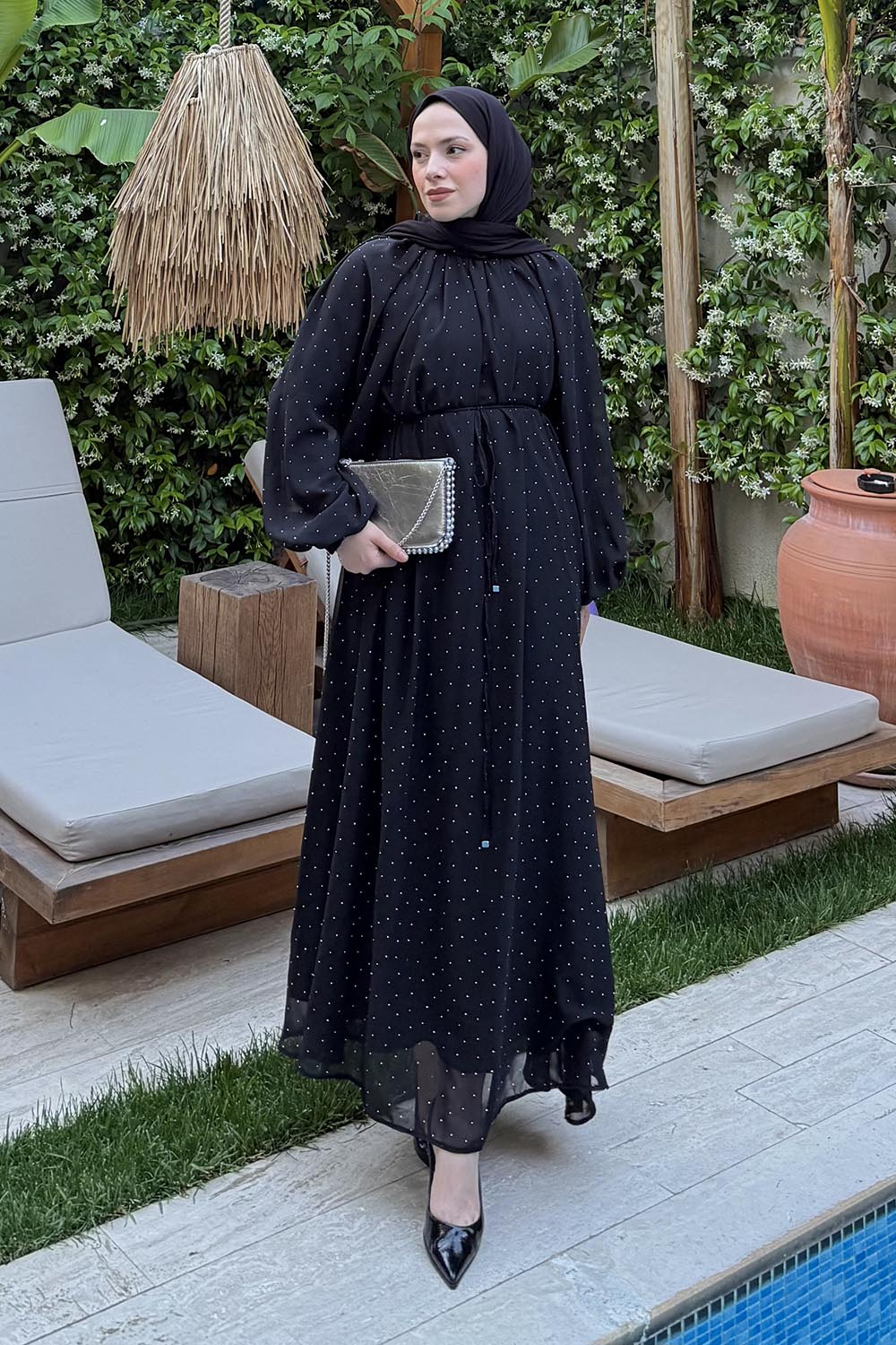 Lamelif Şifon Tesettür Elbise Siyah