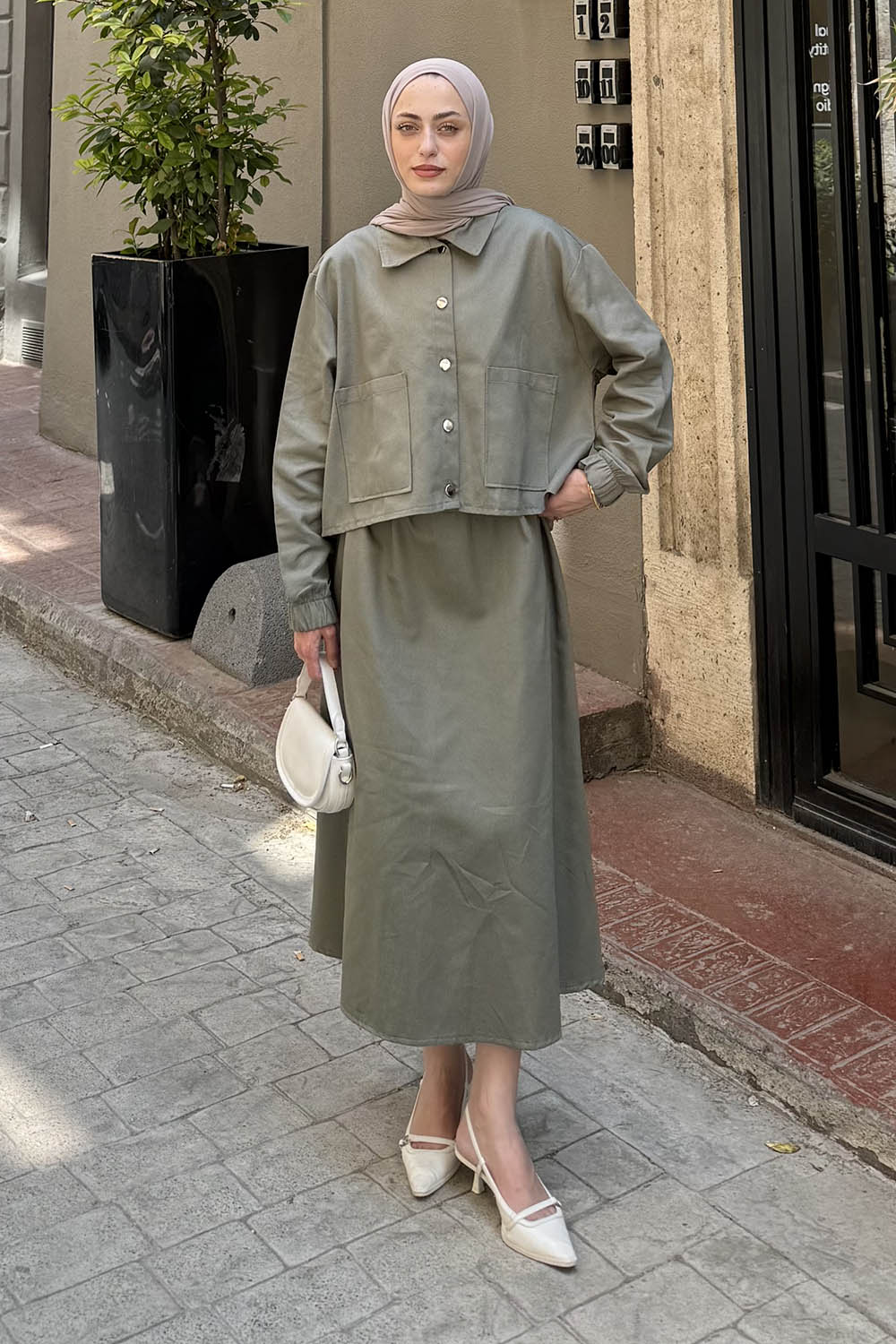 Lamelif Cep Detaylı İkili Etek Tesettür Takım Haki