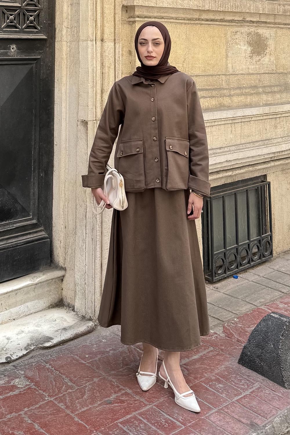 Lamelif Cep Detaylı İkili Etek  Tesettür Takım Kahve