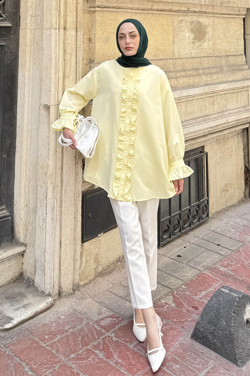 Lamelif Flores Fırfırlı Tunik Sarı