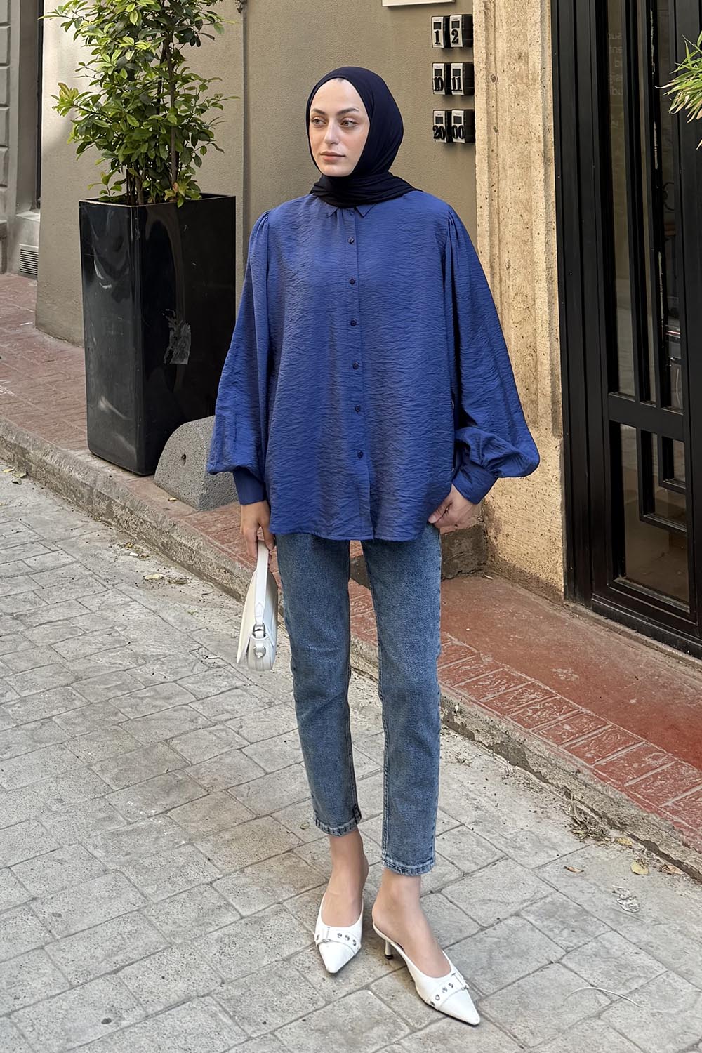 Lamelif Sedef Balon Kol Gömlek Lacivert