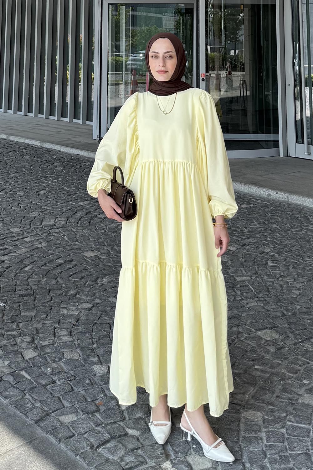 Lamelif Balon Kol Katlı Tesettür Elbise Sarı