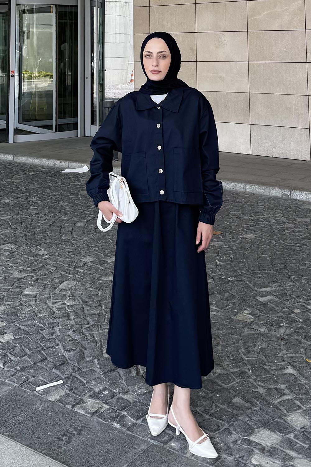 Lamelif Cep Detaylı İkili Etek Tesettür Takım Lacivert