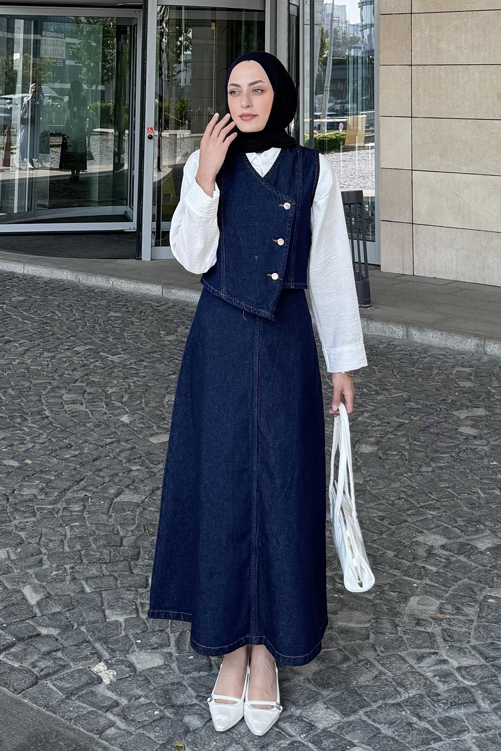 Lamelif Kruvaze Kapama Kot Etekli Takım Kot Mavisi