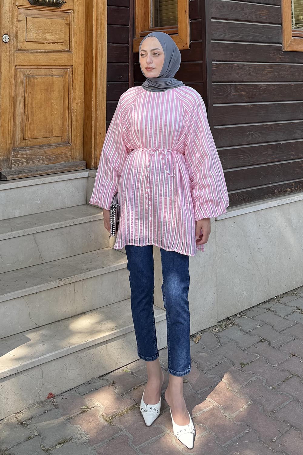 Lamelif Çizgi Detaylı Bağlamalı Tunik Pembe