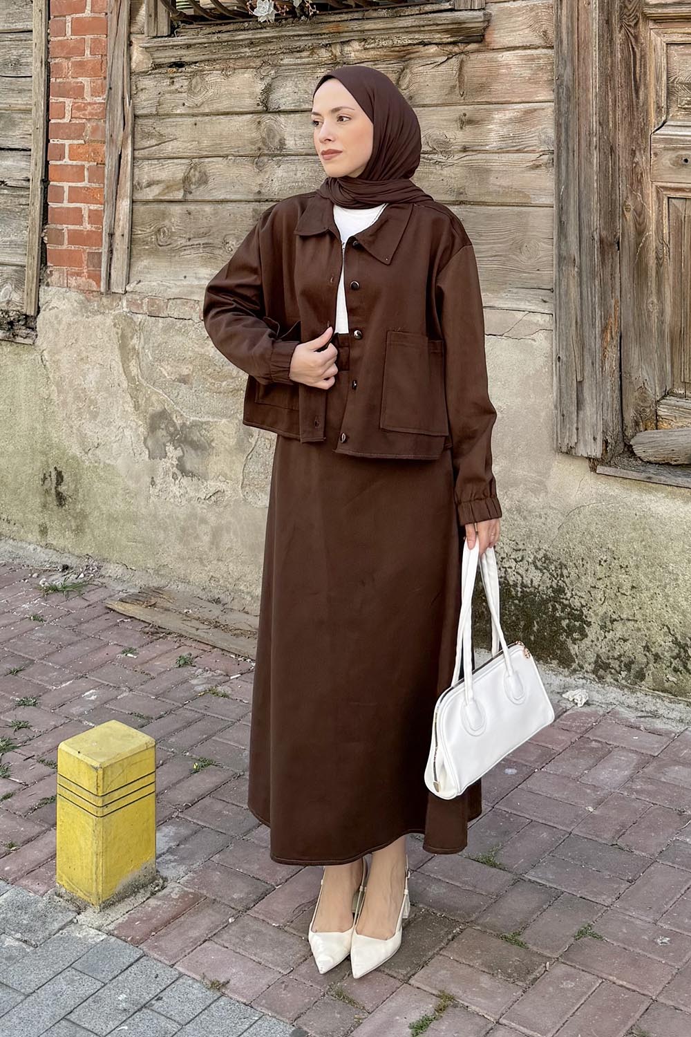 Lamelif Cep Detaylı İkili Etek Tesettür Takım Acı Kahve