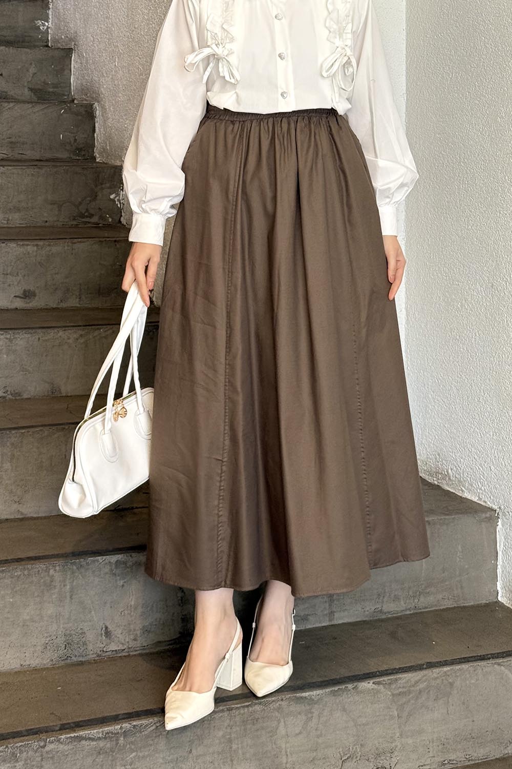 Lamelif Cep Detaylı Kloş Etek Kahve