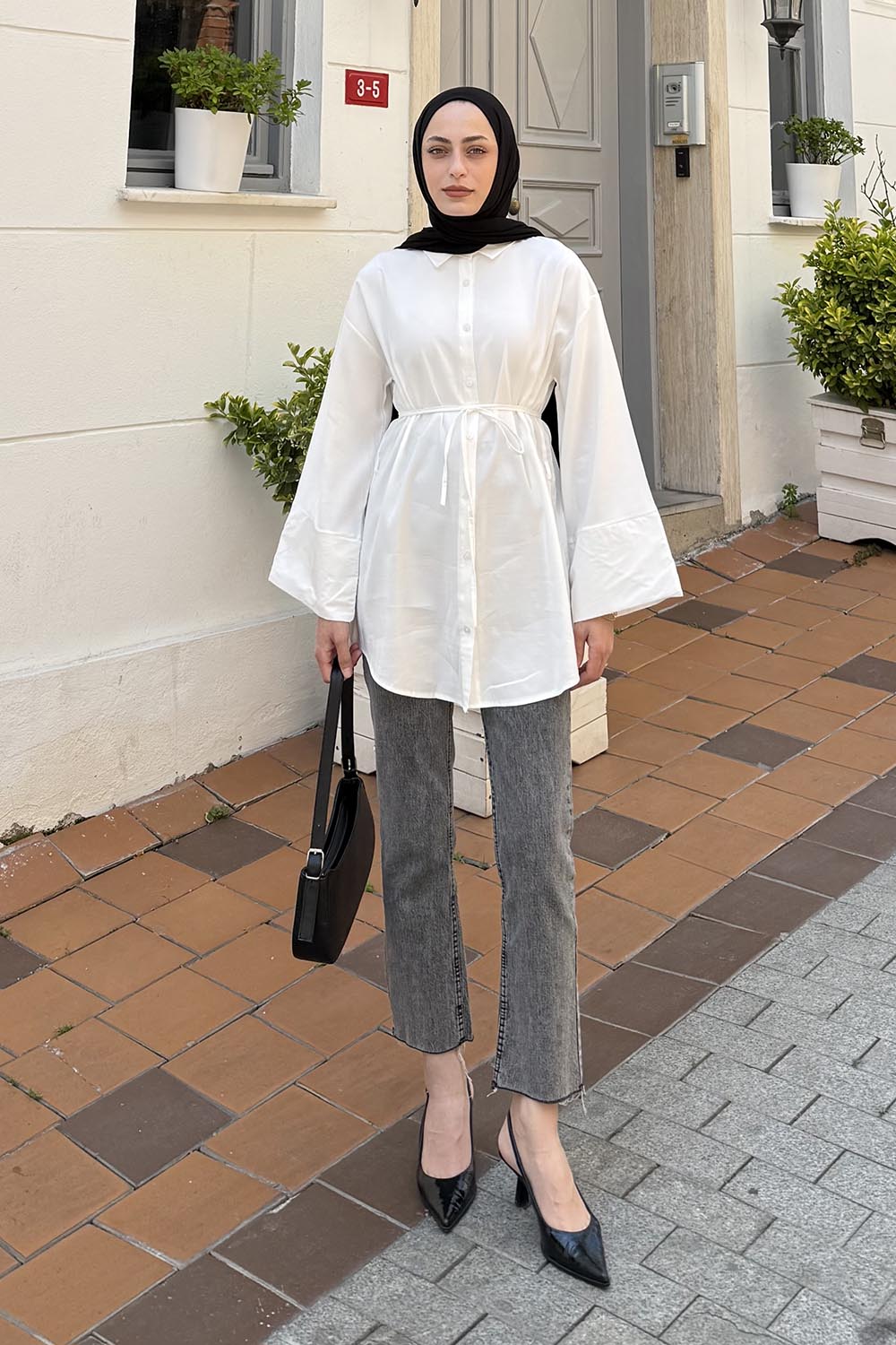 Lamelif Cupra Belden İpli Tesettür Gömlek Beyaz