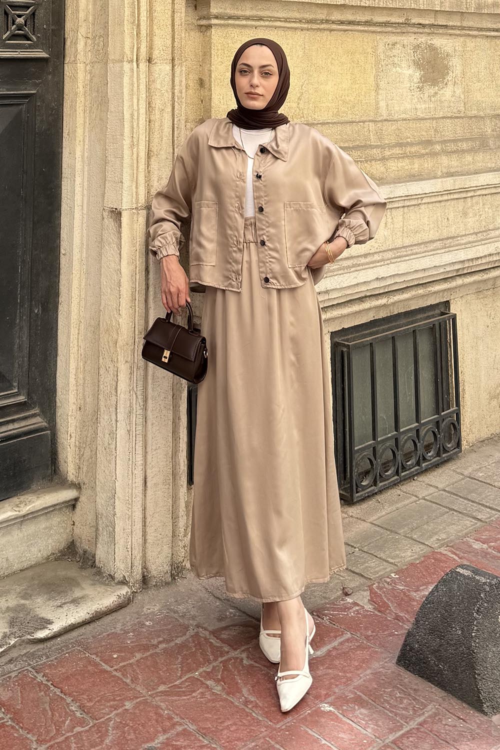 Lamelif Cep Detaylı İkili Etek Tesettür Takım Kum Beji