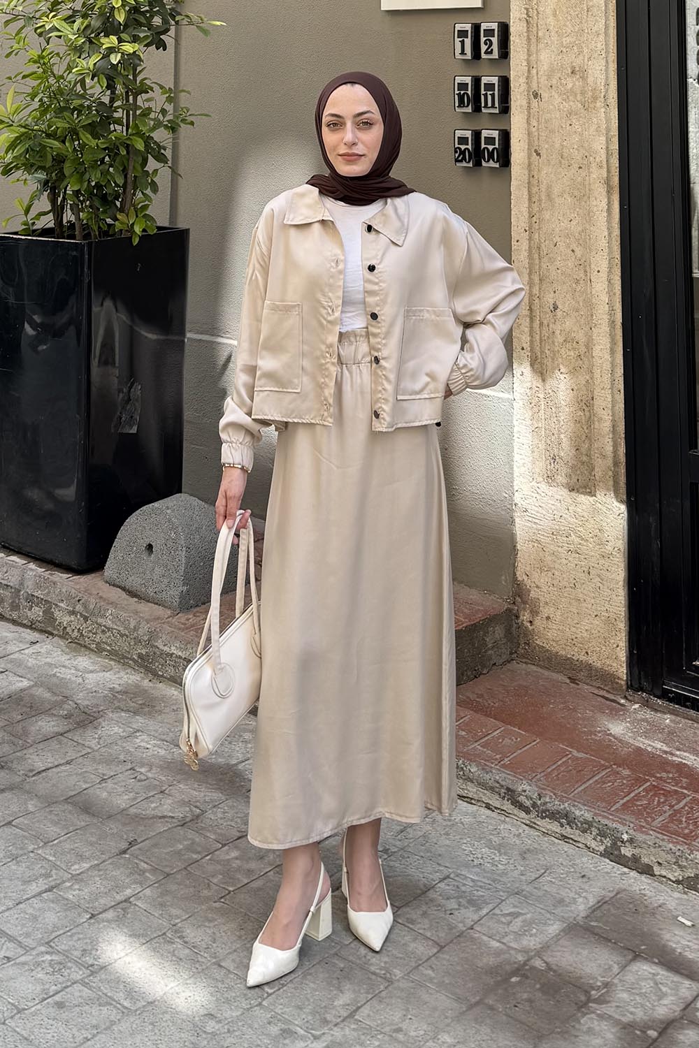 Lamelif Cep Detaylı İkili Etek Tesettür Takım Taş Rengi