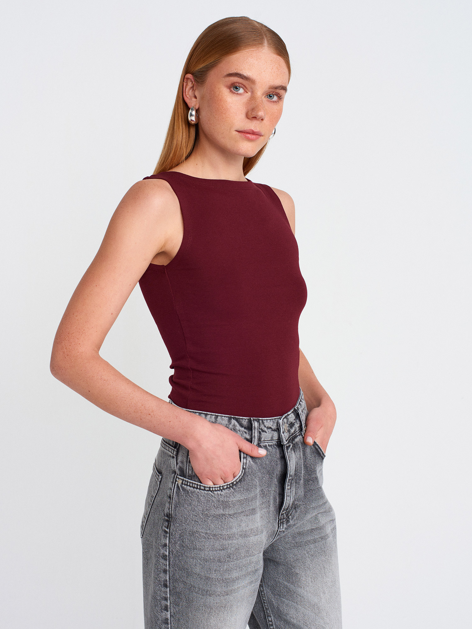 Lamelif Dilvin 20868 Kayık Yaka Kolsuz Top-Bordo