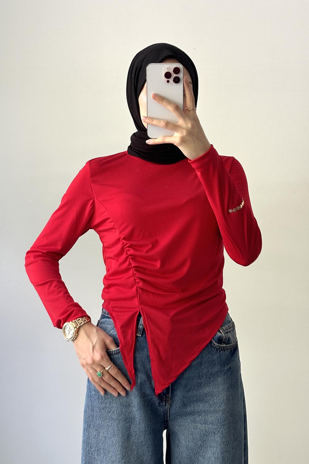 Lamelif Bisiklet Yaka Yırtmaç Detaylı Sandy Body Nar Çiçeği