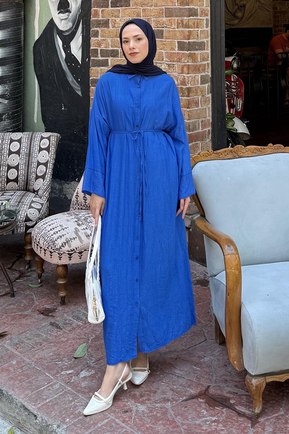 Lamelif Pat Detaylı Elbise Saks Mavisi