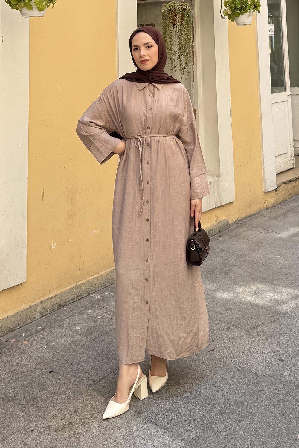 Lamelif Pat Detaylı Elbise Vizonrengi