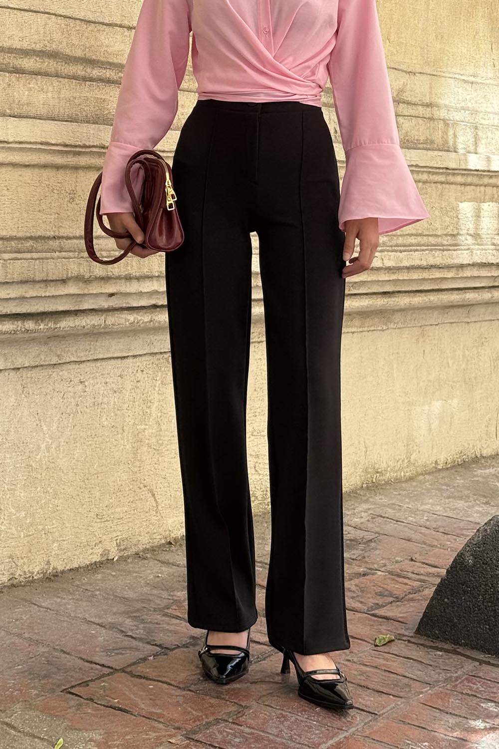 Lamelif Çıma Detaylı Krep Pantolon Siyah