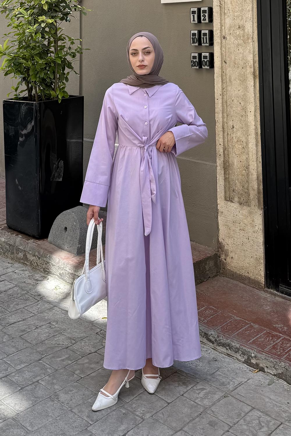 Lamelif Ön Bağlama Detaylı Tesettür Elbise Eflatun