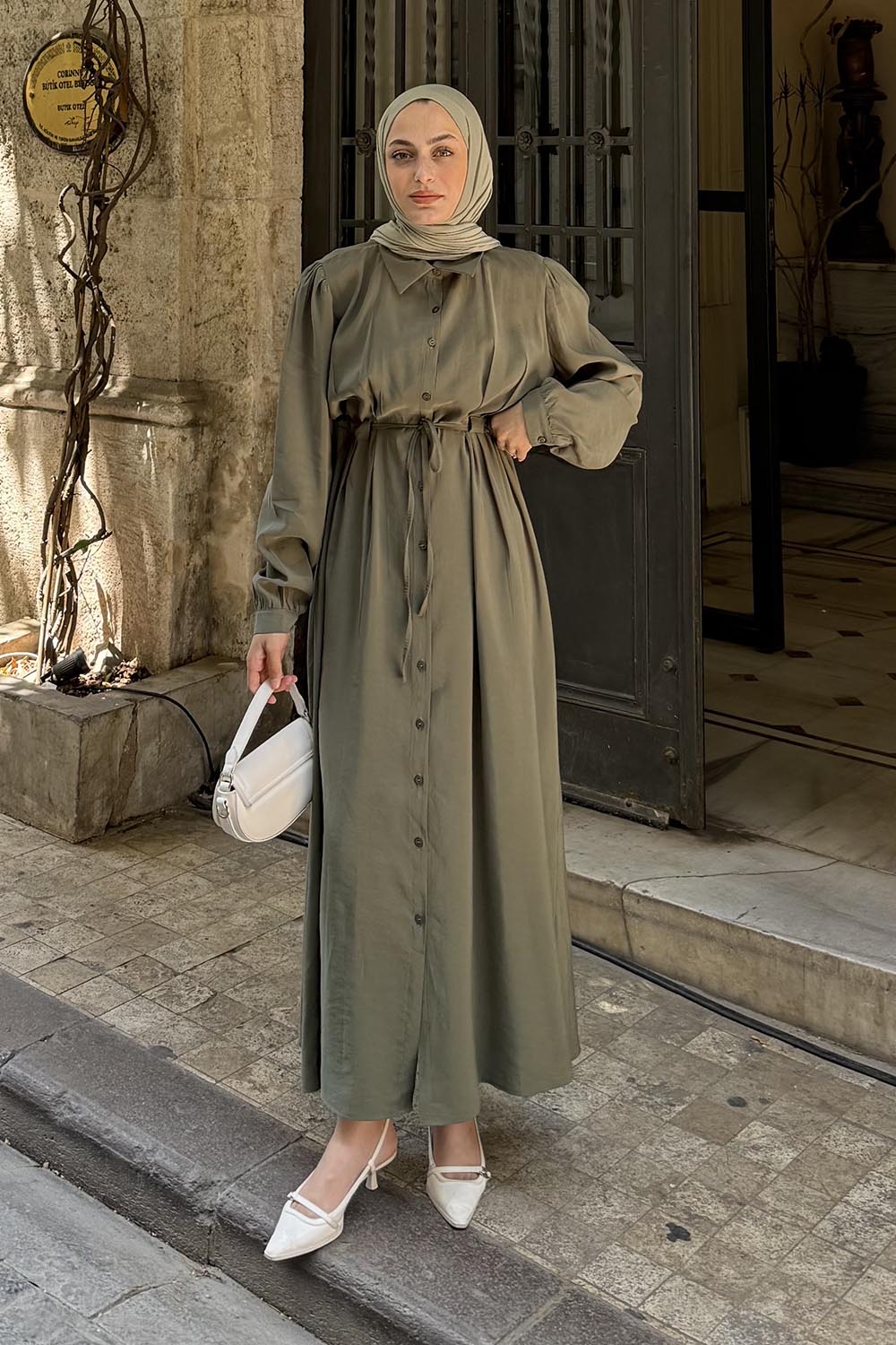 Lamelif Pile Detaylı Elbise Haki