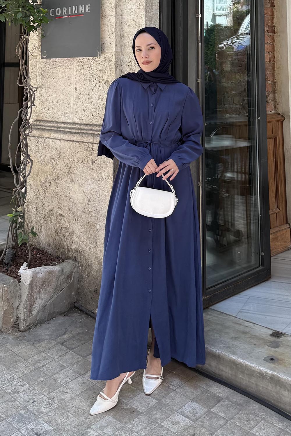 Lamelif Pile Detaylı Elbise Lacivert