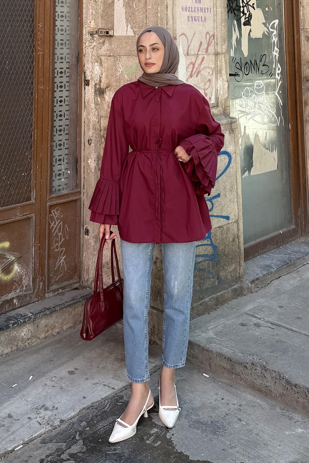 lamelif Piliseli Uzun Gömlek Bordo