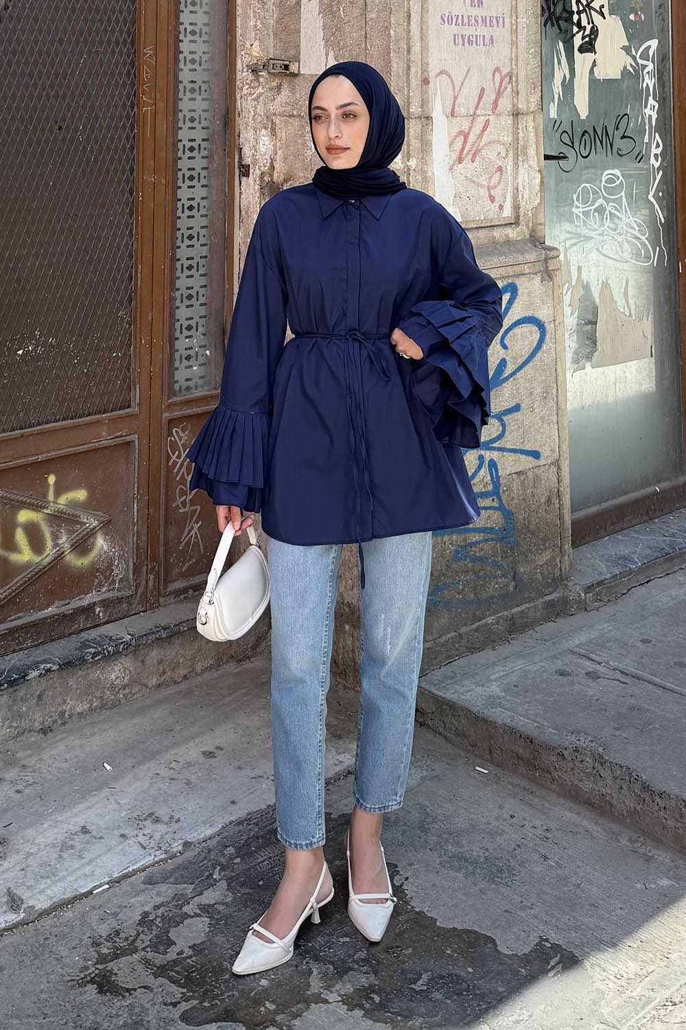 lamelif Piliseli Uzun Gömlek Lacivert