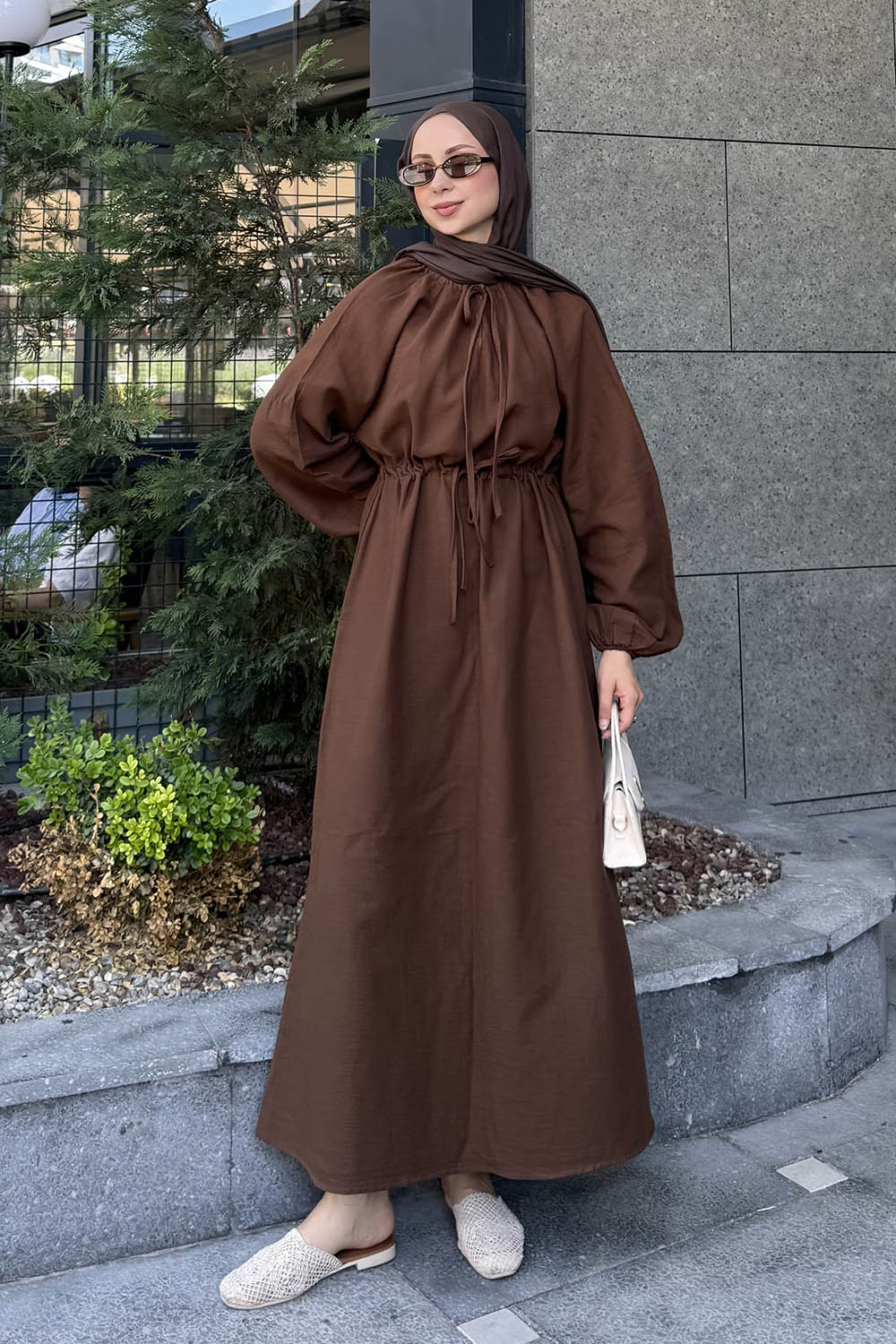 Bitter Brown Loose Crew Neck Linen Dresess