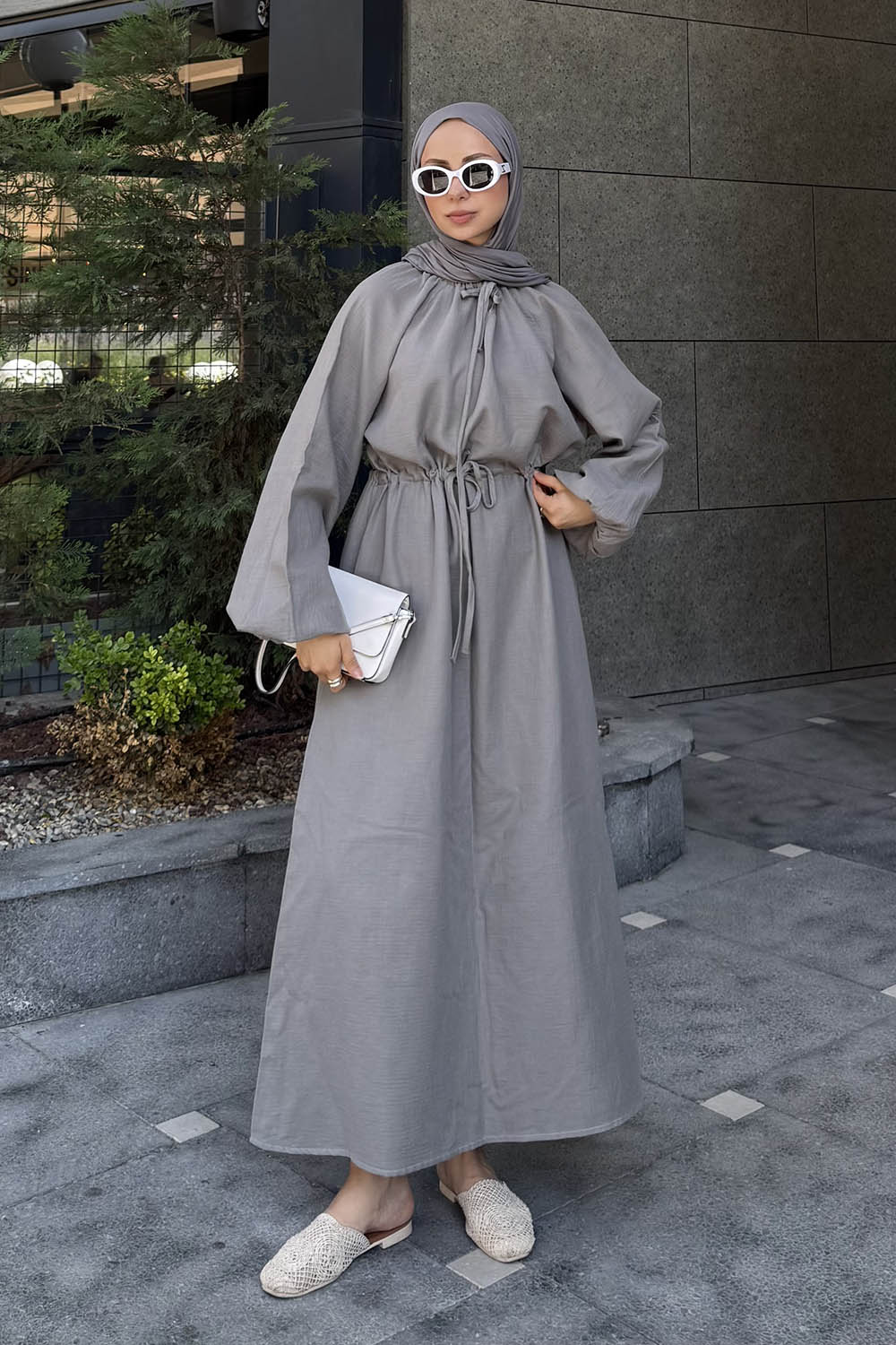 Lamelif Balon Kol Bağlamalı Tesettür Elbise Gri