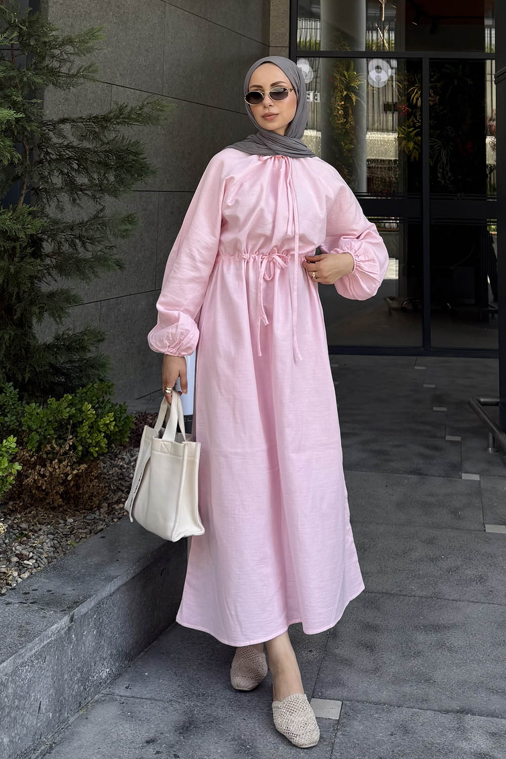 Candy Pink Loose Crew Neck Linen Dresess