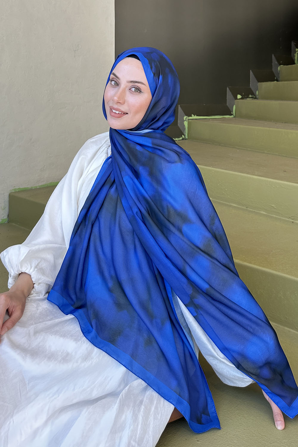 Lamelif Batik Desen Soft Şal Saks Mavisi