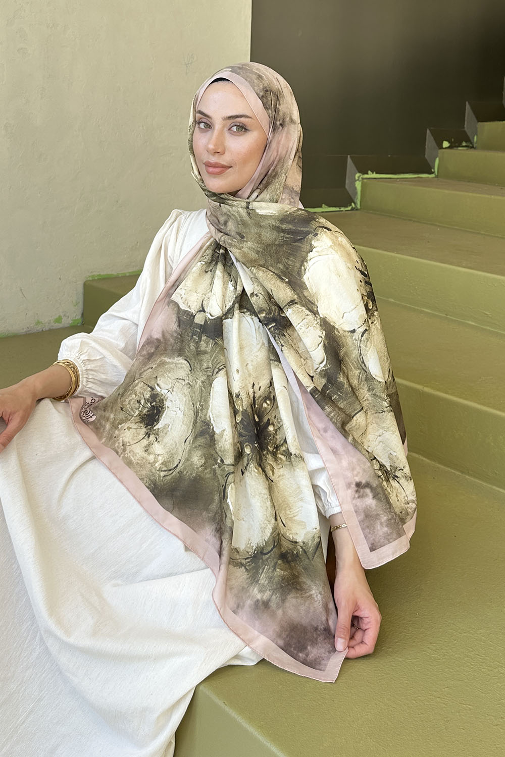 Lamelif Bohem Çiçek Desen Soft Şal Camel