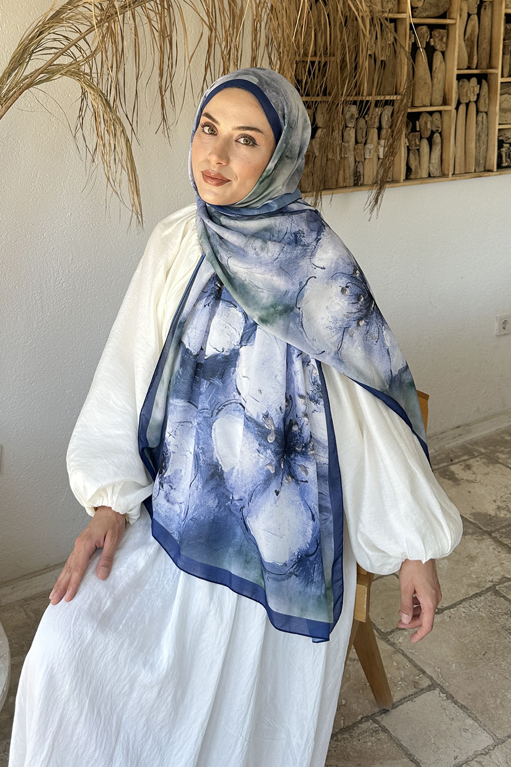 Lamelif Bohem Çiçek Desen Soft Şal Gece Mavisi