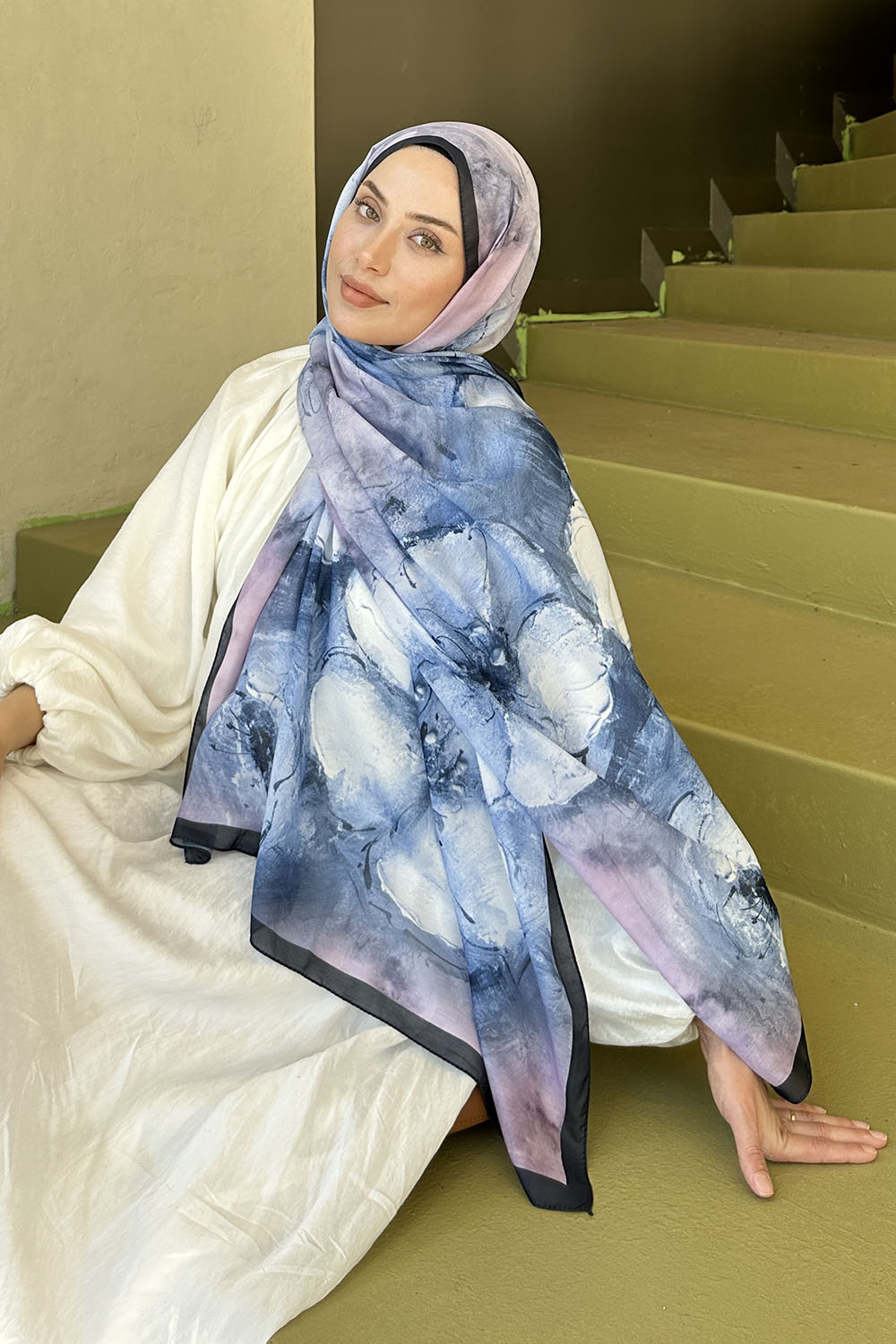 Lamelif Bohem Çiçek Desen Soft Şal Lacivert Şeker Pembe