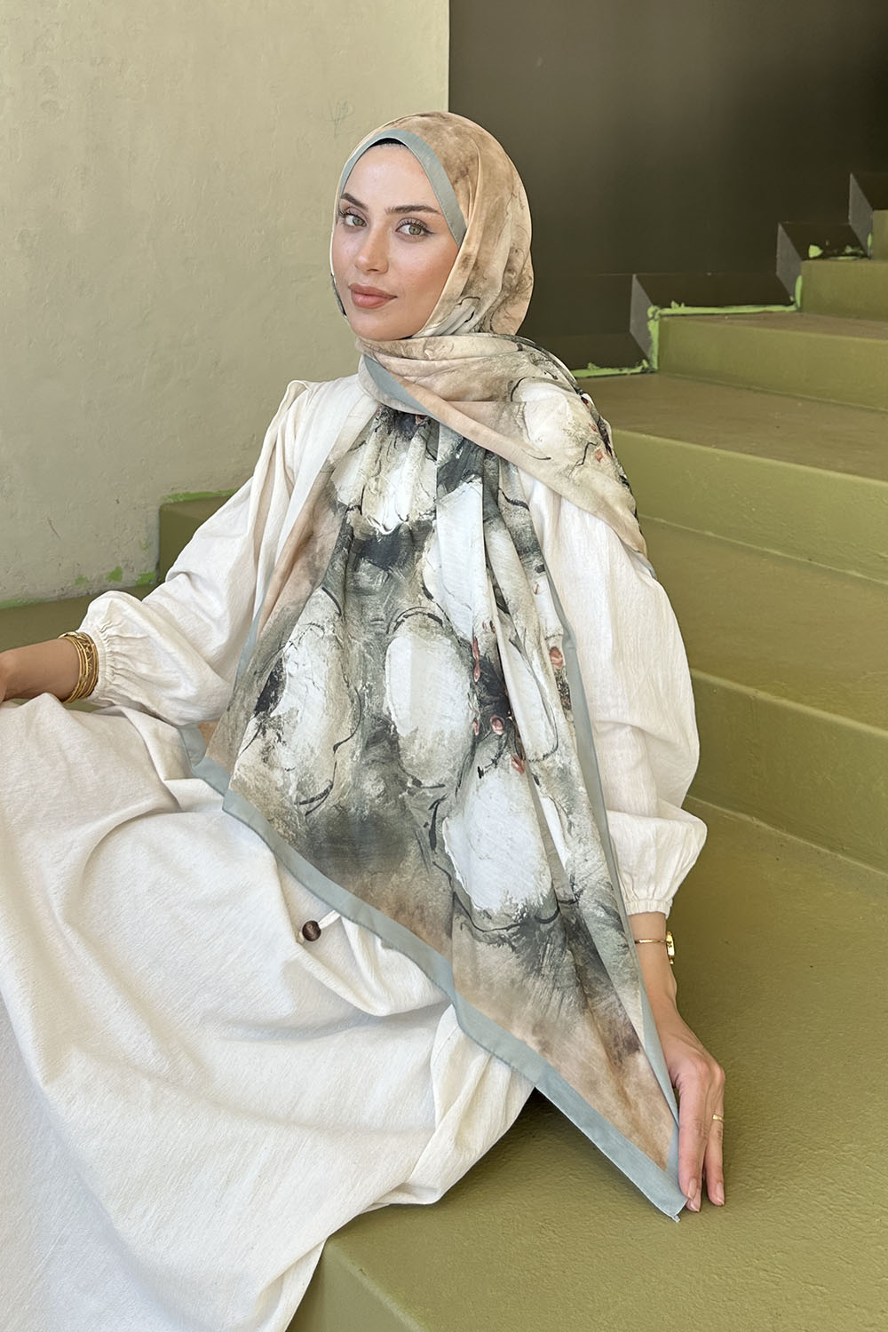 Lamelif Bohem Çiçek Desen Soft Şal Mint Yeşili