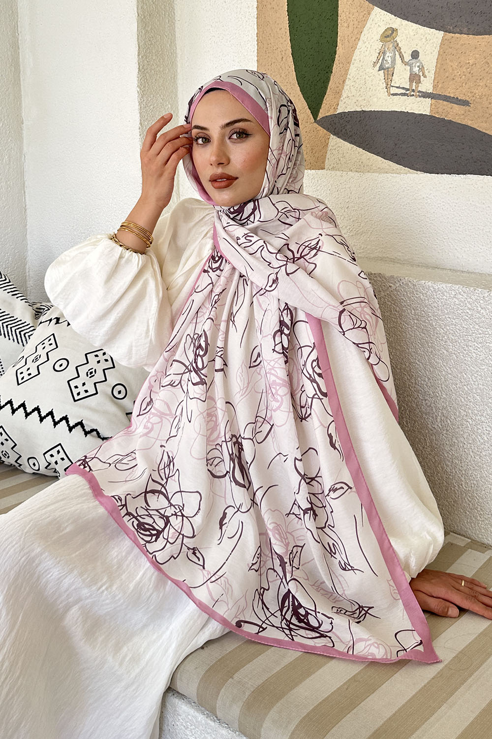 Candy Pink Cotton Striped Printed Shawl