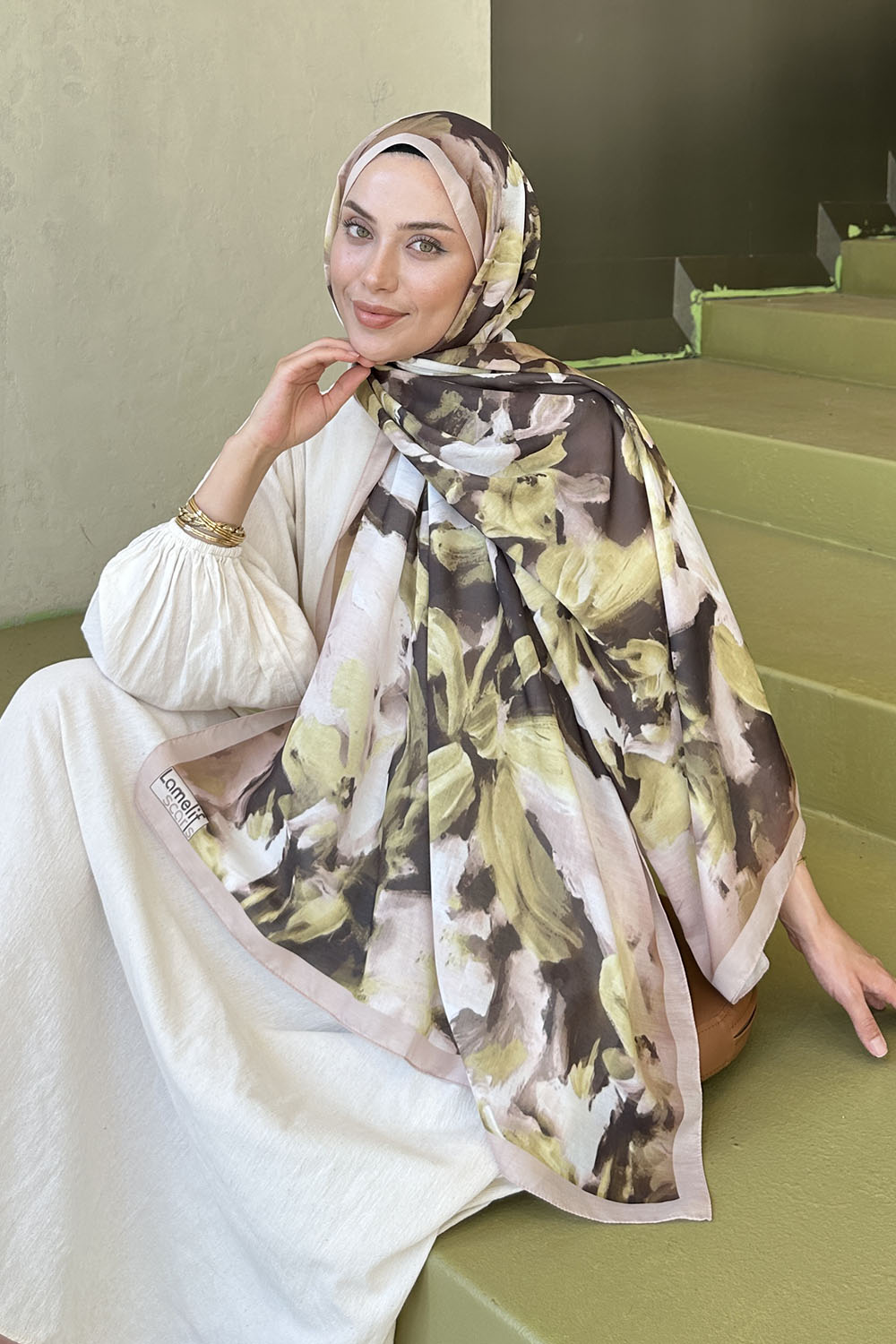 Lamelif Elegan Desen Soft Şal Yağ Yeşili Bej